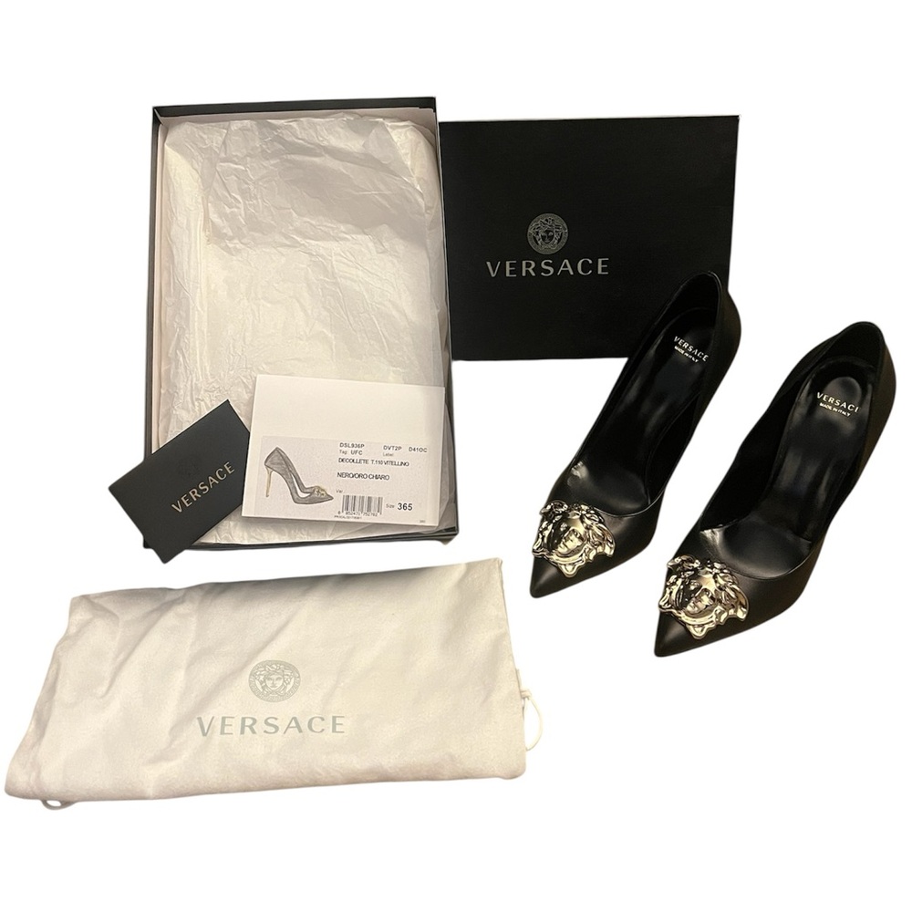 Versace Black Heels with Gold Lion Accent